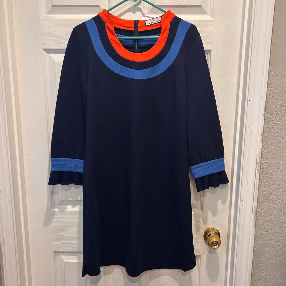 CK Bradley Navy Blue Orange U Neck Color Block Ponte Ruffle 3/4 Sleeve Large